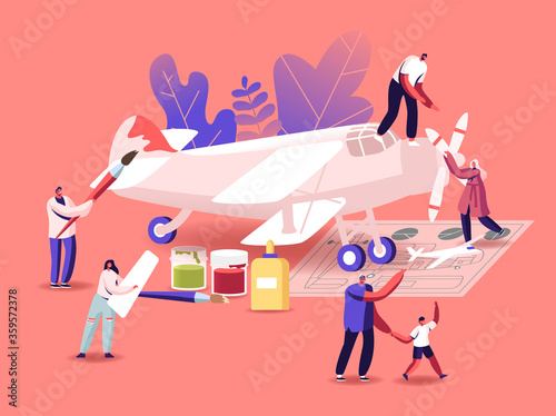 Aircraft Modeling Concept. Tiny Male and Female Characters Assembling and Painting Huge Airplane Model, Put Propeller Using Scheme, Father and Son Creative Hobby. Cartoon People Vector Illustration