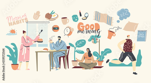 Morning Habits. Characters Daily Routine, Man and Woman Waking Up, Cooking Breakfast, Drinking Coffee Together at Home. Girl Doing Yoga or Stretching, Man Jogging. Linear People Vector Illustration