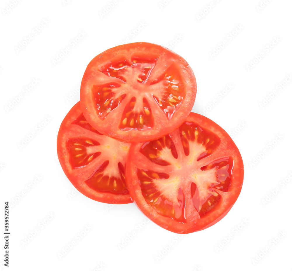 Slices of tasty raw tomato isolated on white, top view