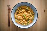plant-based food, vegan red pesto risotto with green beans