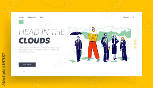 Daydreaming, Creative Imagination and Positivity Landing Page Template. Happy Male Character in Bright Clothing Stand with Head in Clouds, Sad Busy People in Formal Wear. Linear Vector Illustration