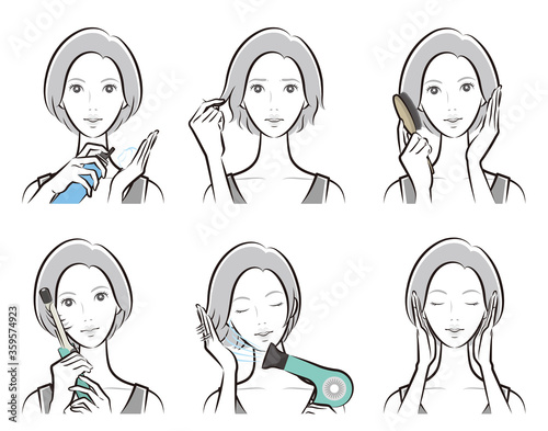 ヘアケアをしている女性のイラスト