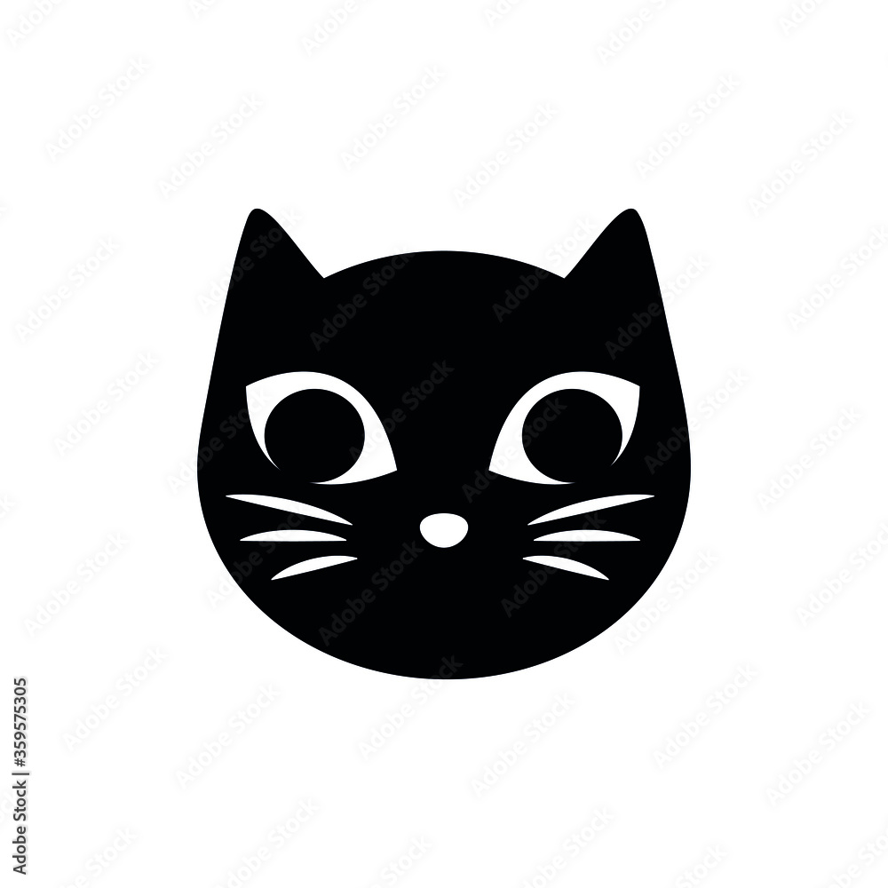 Black head of Cat on white background. Vector illustration. Cute icon. Animal silhouette.