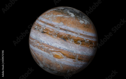 Fototapeta Naklejka Na Ścianę i Meble -  Jupiter with clouds of atmosphere isolated on black - High resolution 3D render presents planets of the solar system. Elements of this image were furnished by NASA