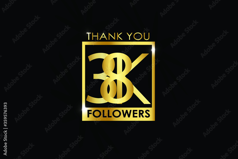 38K,38.000 Followers thank you logotype with golden Square and Spark light white color isolated on black background for social media, internet, website - Vector