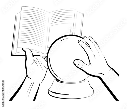 sorcerer is reading a spellbook over a crystal ball. Items and rites of magic and astrology. Isolated vector on white background