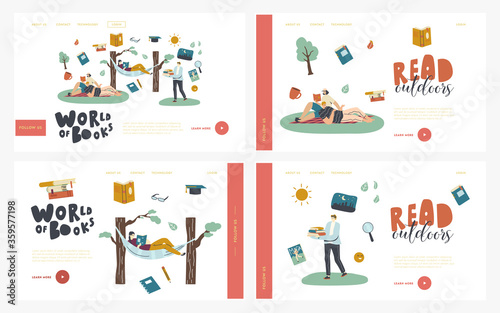 People Reading Books Outdoor Landing Page Template Set. Characters Open Air Sparetime with Interesting Books. Men Women Spend Time Relaxing and Read Literature on Nature. Linear Vector Illustration