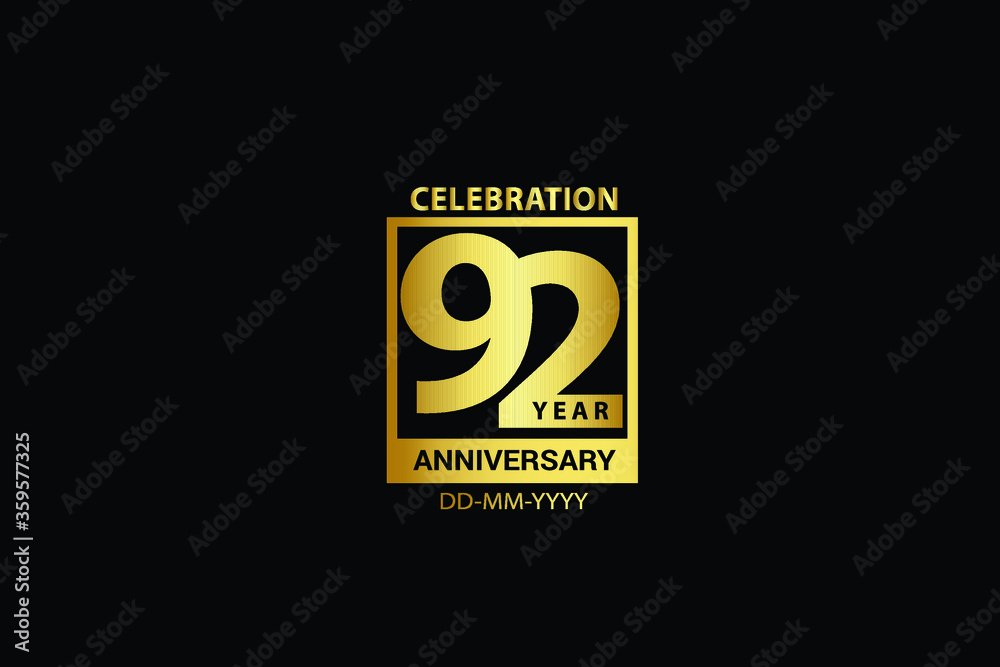 92 years anniversary celebration logotype. anniversary logo with golden and Spark light white color isolated on black background, vector design for celebration, invitation and greeting card-Vector