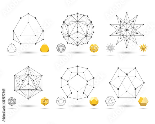 Set of abstract 3D geometric shapes from triangular faces for graphic design. Frames volumetric gold form with edges and vertices. Geometry scientific concept isolated on white background.