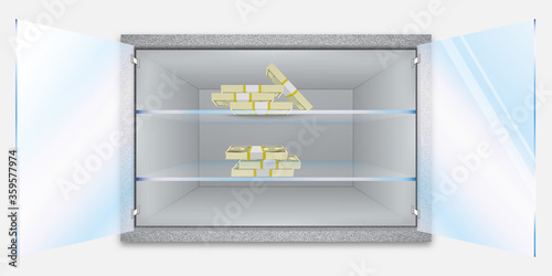 Storage of cash and valuable items. Banking concept. Open shelf with banknotes. Start a business. Few stacks of dollar bills.