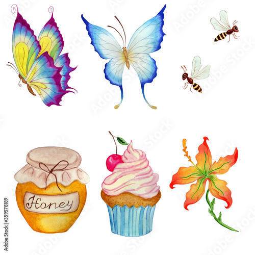 Set of cartoon characters. Butterflies, bees, flower, cupcake and honey. Isolated on a white background. Children's hand-drawn watercolor illustration.
