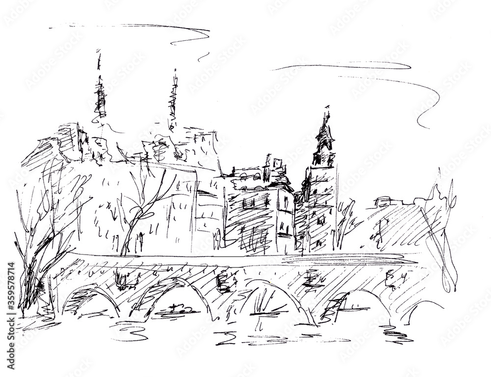 graphic black and white drawing, travel sketch view of Paris and bridge over the Seine river