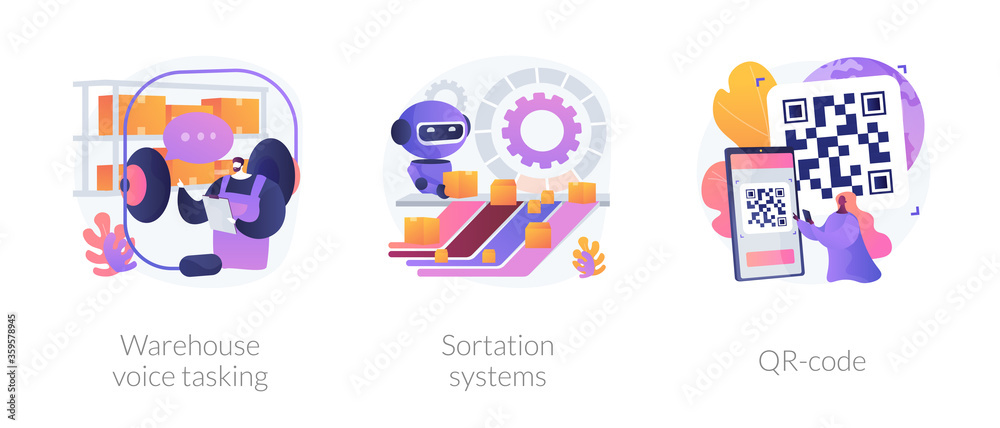 Logistics order processing abstract concept vector illustration set. Warehouse voice tasking, sortation system, QR code, automated paperless operation, conveyor, automated inventory abstract metaphor.