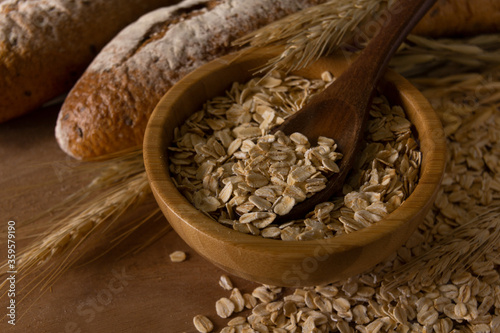Closeup of rolled oats with natural sun light
