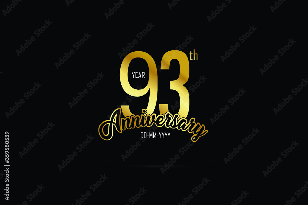 93 years anniversary celebration logotype. anniversary logo with golden color isolated on black background - Vector