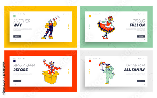 Big Top Circus Clowns Landing Page Template Set. Funny Carnival Funsters Characters, Jesters in Bright Costumes, Periwig, Makeup and Fake Nose Perform Show on Stage. Linear People Vector Illustration photo