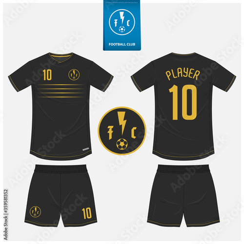 Gold and Black soccer jersey or football kit mockup template design for sport club.