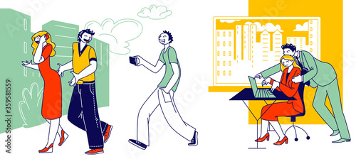 Sexual Assault, Harassment Concept. Male Character Company Boss Put Hand on Woman Shoulder at Workplace. Teenagers Record Video on Smartphone Touching Girl Buttocks. Linear People Vector Illustration