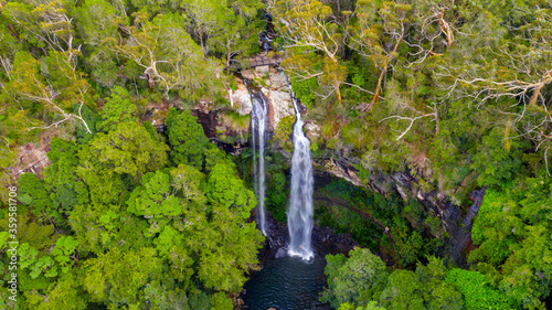 Aerial view over Twin Falls, located in Springbrook National Park, Gold Coast hinterland