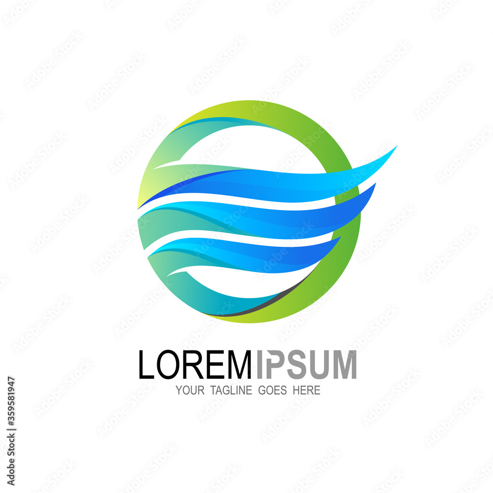 Wave logo with circle design template, blue icons, 3d  design