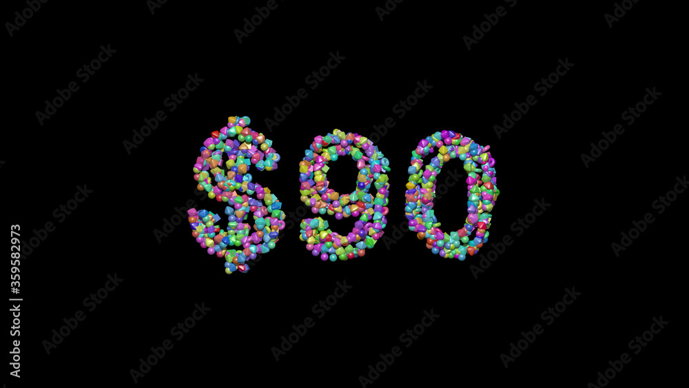 Colorful 3D writting of $ text with small objects over a dark background and matching shadow