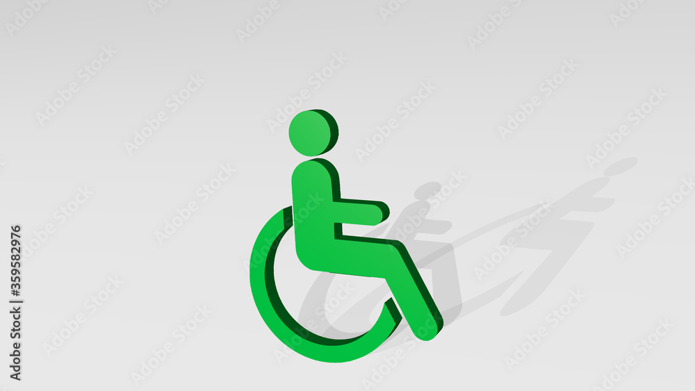 disabled symbol of wheelchair on the wall. 3D illustration of metallic sculpture over a white background with mild texture. flat and icon disabled symbol of wheelchair on the wall. 3D illustration of metallic sculpture over a white background with mild texture. flat and icon