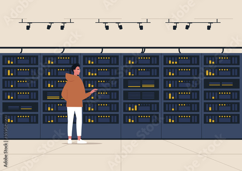 Data center, server room, young male character standing next to a hard drive rack, new technologies