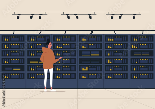 Data center, server room, young female character standing next to a hard drive rack, new technologies