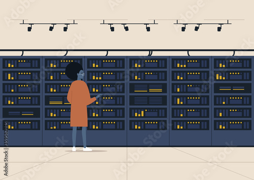 Data center, server room, young black female character standing next to a hard drive rack, new technologies