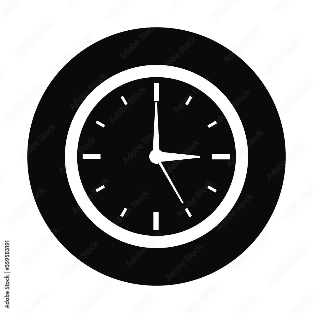 Clock icon in black and isolated circle vector illustration. Solid style. EPS 10.