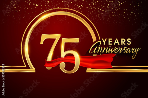 75th anniversary logo with confetti and golden ring, red ribbon isolated on red background, vector design for greeting card and invitation card.