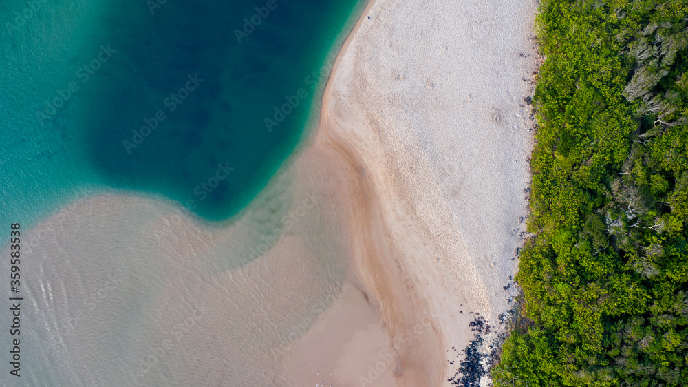 Top down aerial view of Tallebudgera beach and creek with Burleigh headland