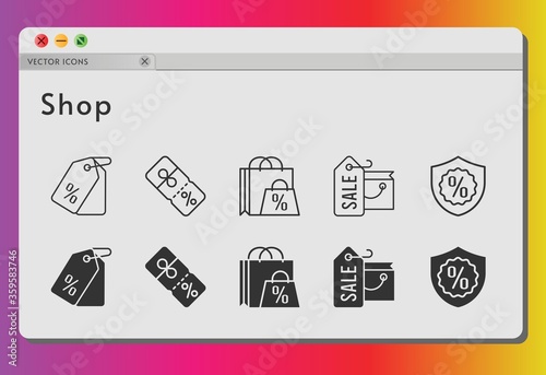 shop icon set. included shopping bag, price tag, discount, warranty icons on white background. linear, filled styles.