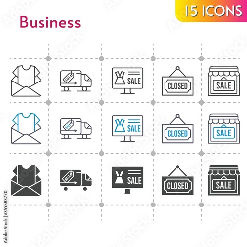 business icon set. included newsletter, online shop, shop, closed, delivery truck icons on white background. linear, bicolor, filled styles.