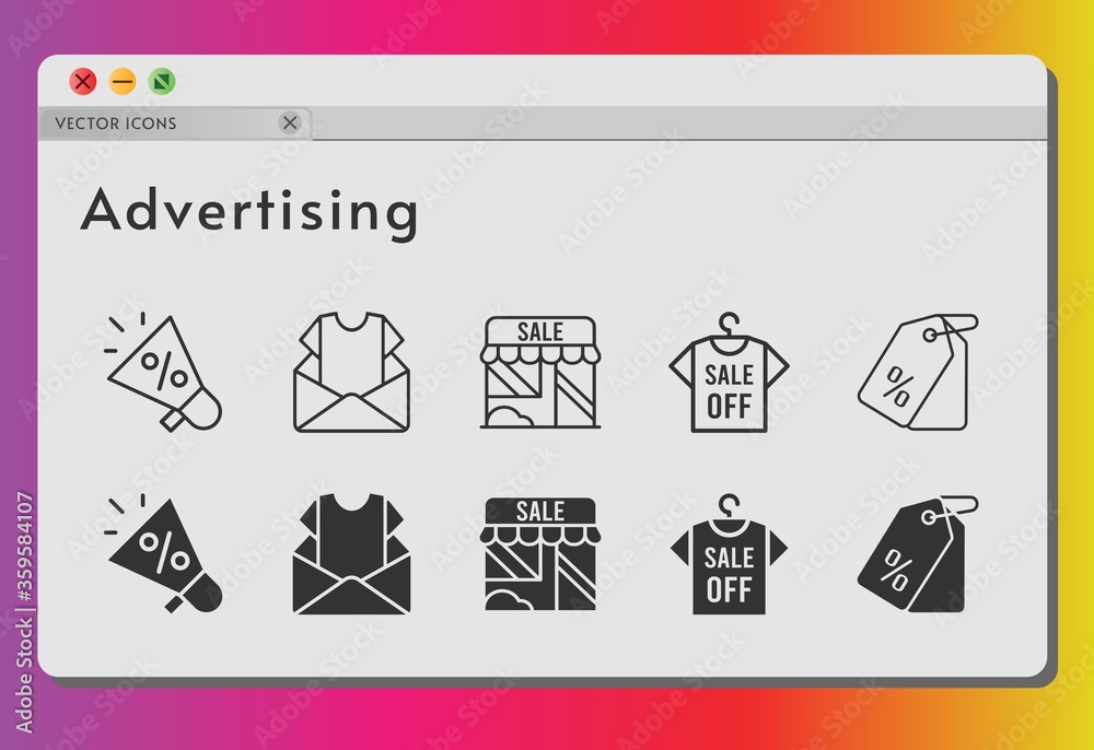 advertising icon set. included megaphone, newsletter, shop, shirt, price tag icons on white background. linear, filled styles.