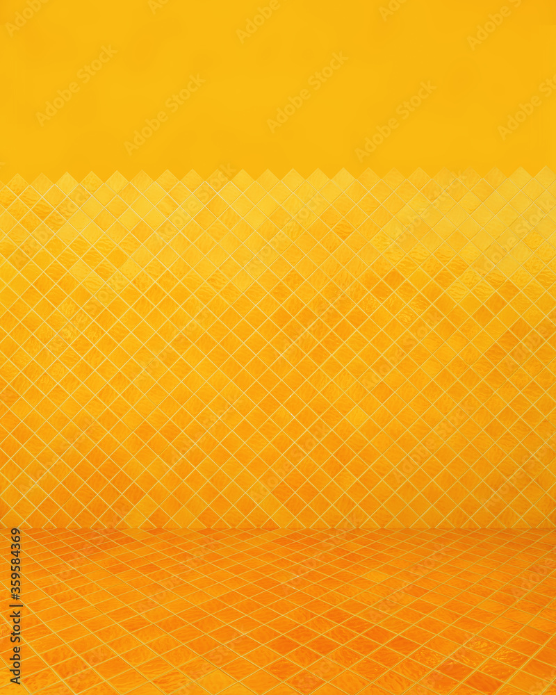 Fototapeta premium Yellow mosaic wall texture details background. House, shop, cafe and office design backdrop.