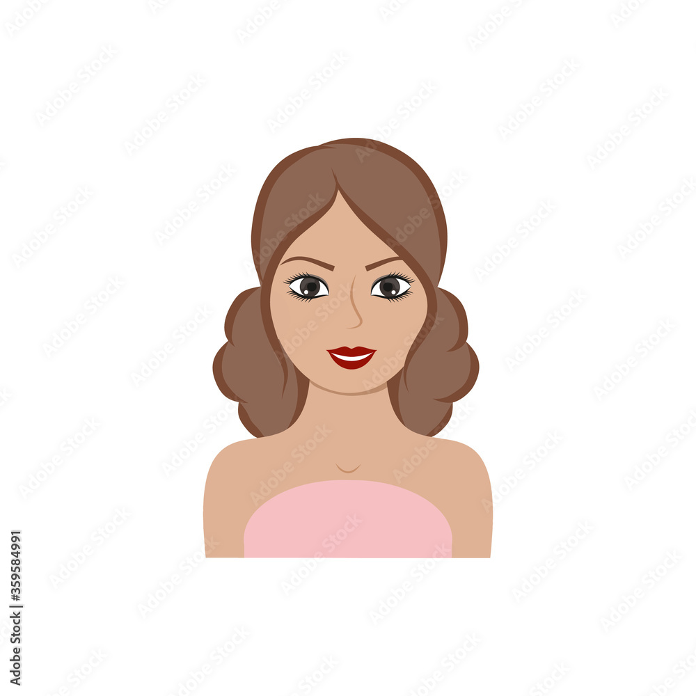 The face of a beautiful girl with big eyes, a smile and a fashionable hairstyle. Vector cartoon illustration. Drawing for a beauty salon, Barber shop, Studio. Design element for a logo, banner The face of a beautiful girl with big eyes, a smile and a fashionable hairstyle. Vector cartoon illustration. Drawing for a beauty salon, Barber shop, Studio. Design element for a logo, banner