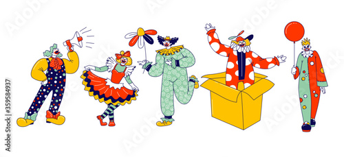 Big Top Circus Clown Characters. Male and Female Funny Carnival Funsters or Jesters in Bright Costumes, Periwig, Makeup and Fake Nose Performing Show on Circus Stage. Linear People Vector Illustration