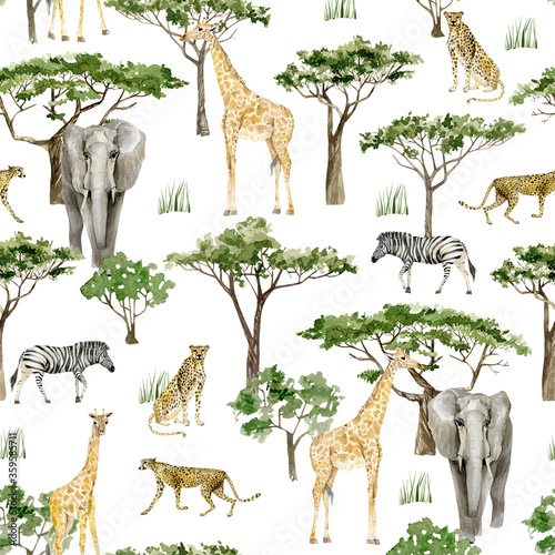 Watercolor wild Africa animal seamless pattern. Savannah Cheetah, Zebra, Elephant, Giraffe and tree. Nature Africa for nursery decor, baby shower, wrapping paper, textile fabric, wallpaper.