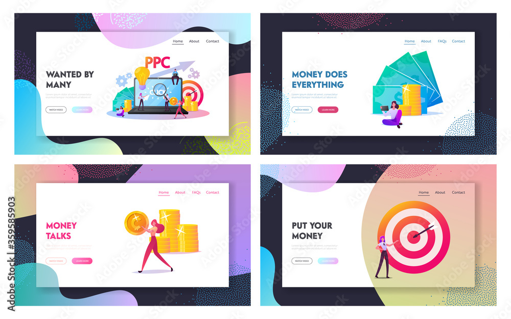 Pay Per Click Landing Page Template Set. Tiny Characters at Huge Computer with Cursor Clicking on Ad Button. Ppc Business, Advertising Technology, Sponsored Listing. Cartoon People Vector Illustration