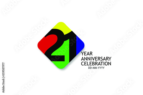 21 year anniversary Billboard Style, minimalist logo years, jubilee 4 colors Black, red, yellow, green and purple, greeting card. invitation - Vector