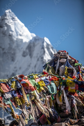 Prayer flags with mountain in the background. 