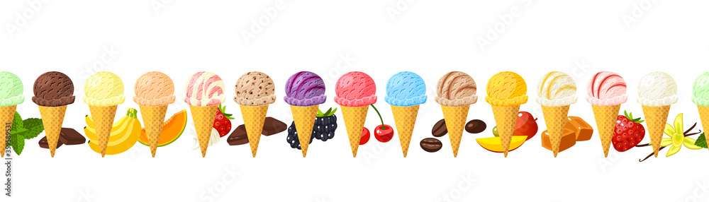 Collection of colorful ice cream cones. Seamless horizontal background. Design template for promo, menu, flyer. Vector illustration cartoon flat icon set on white. - obrazy, fototapety, plakaty 