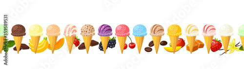 Collection of colorful ice cream cones. Seamless horizontal background. Design template for promo, menu, flyer. Vector illustration cartoon flat icon set on white.