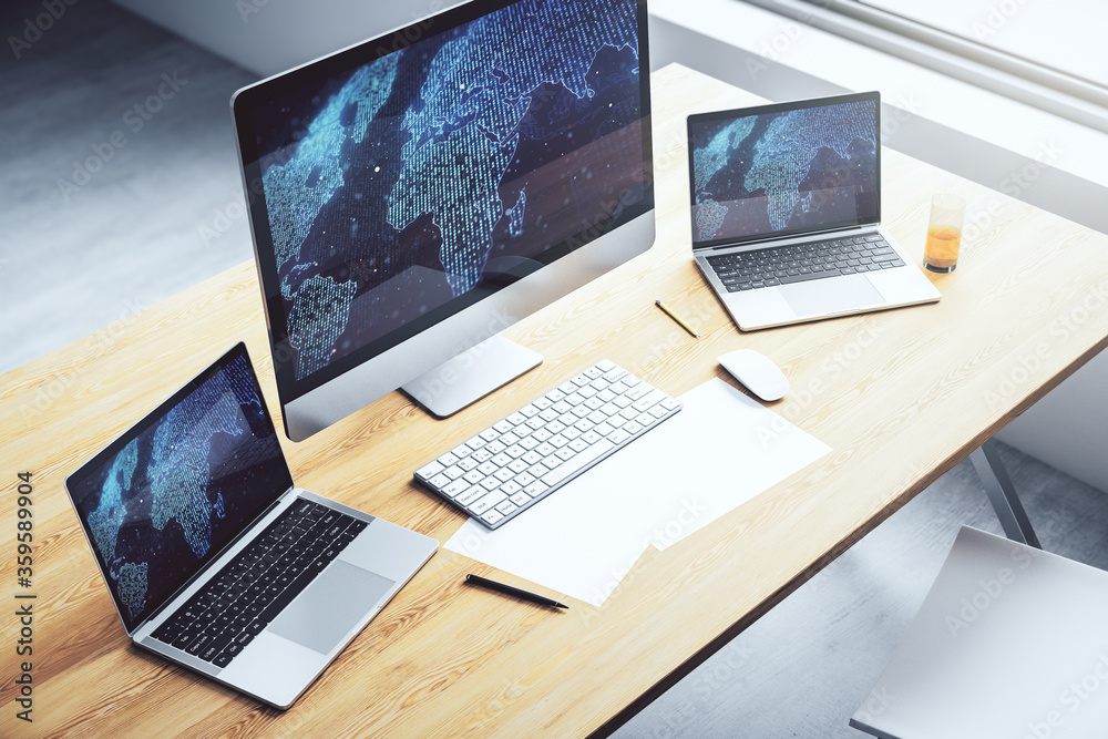 Computer monitor with abstract creative digital world map, globalization concept. 3D Rendering Computer monitor with abstract creative digital world map, globalization concept. 3D Rendering