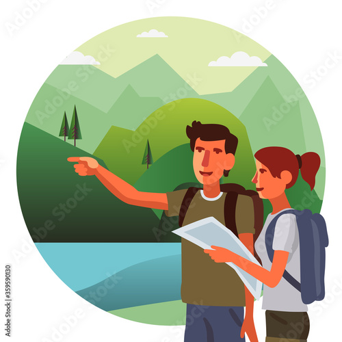 Young, smiling couple planning the route and looking at the map. Travel, vacation, holidays and adventure vector concept illustration. Mountain landscape background. Poster design style
