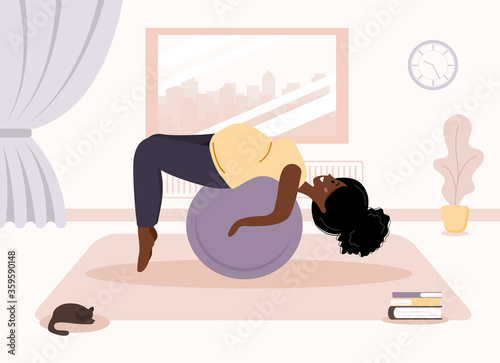 Yoga during pregnancy. African woman doing fitness exercises with fitball. Health care and sport concept. Beauty female character at home interior. Vector illustration in flat style.