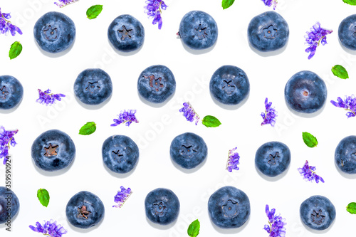 Food pattern of fresh large ripe blueberry Isolated on white background, top view.