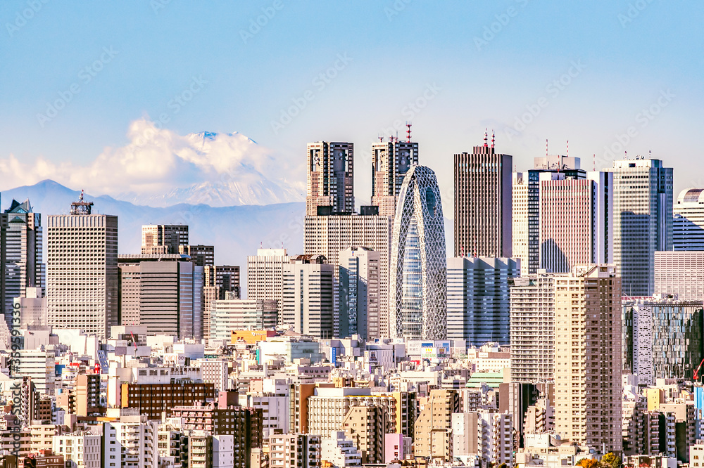Cityscape of Shinjuku Skyscrapers with Fuji Mountain Background  from Bunkyo Civic Center Observatory Deck, Shinjuku, Tokyo, Japan