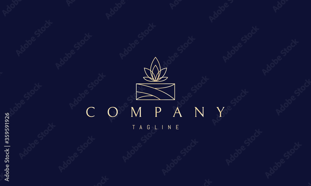 Vector golden logo on which an abstract image of a beautifully wrapped gift with a bow in the form of a lotus flower.